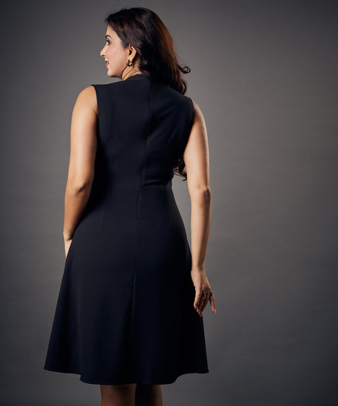 Slanted Panel Skater Black Dress